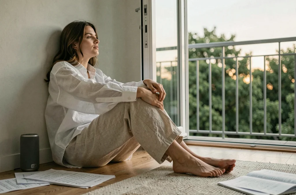 Jeune femme assise sur le sol près d'un balcon ouvert en écoutant de la musique apaisante avec une enceinte Bluetooth