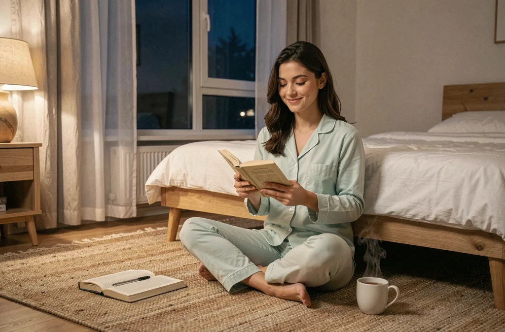 Jeune femme lisant un livre et buvant une tisane avant de dormir, représentant une routine de sommeil apaisante pour améliorer l'humeur au quotidien