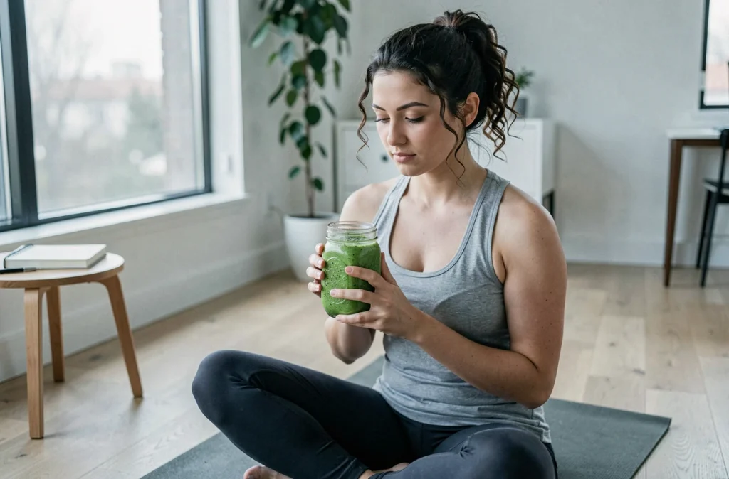 Jeune femme tenant un smoothie vert healthy assise sur un tapis de yoga, représentant les bienfaits de la nutrition sur l'énergie cognitive et le bien-être mental