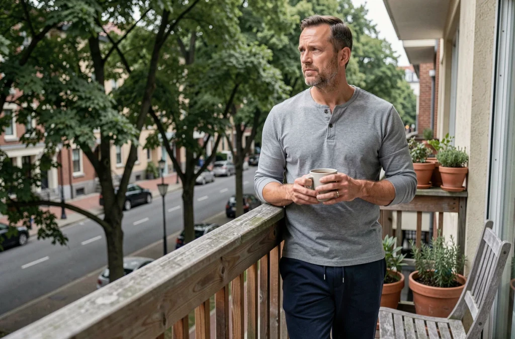 Homme profitant de la lumière naturelle du matin sur un balcon urbain avec une tasse de café, illustrant l'impact positif de l'exposition au soleil sur l'humeur quotidienne