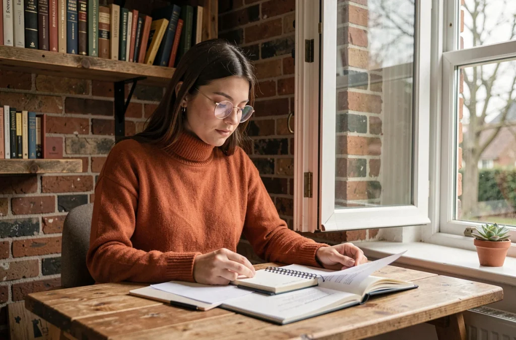 Jeune femme travaillant à son bureau à domicile près d'une fenêtre ouverte avec vue sur le jardin, illustrant les effets bénéfiques de la lumière naturelle sur la concentration et le bien-être au travail