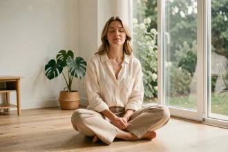 Femme pratiquant la méditation près d'une grande fenêtre lumineuse dans un intérieur minimaliste scandinave pour illustrer les bienfaits de la lumière naturelle sur le bien-être