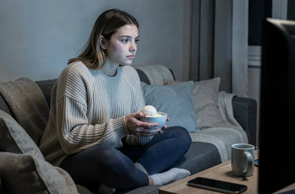 Jeune femme qui mange de la glace par stress sur un canapé, illustration de la malbouffe émotionnelle liée au stress