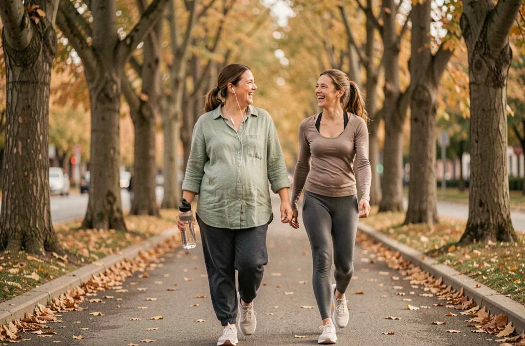 Femme enceinte marchant dans un parc urbain en automne avec une amie, illustrant les bienfaits de la marche pendant la grossesse