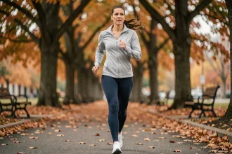 Femme de 38 ans marchant rapidement sur un sentier urbain en automne pour perdre du poids