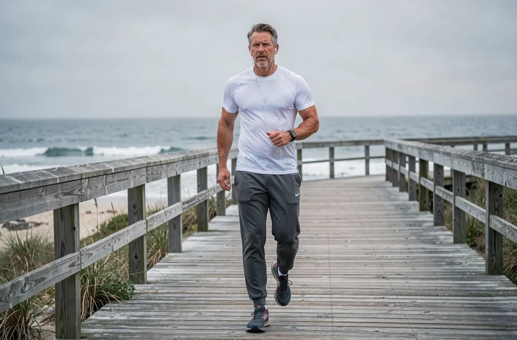 Homme de 45 ans faisant de la marche rapide sur un boardwalk côtier pour maigrir