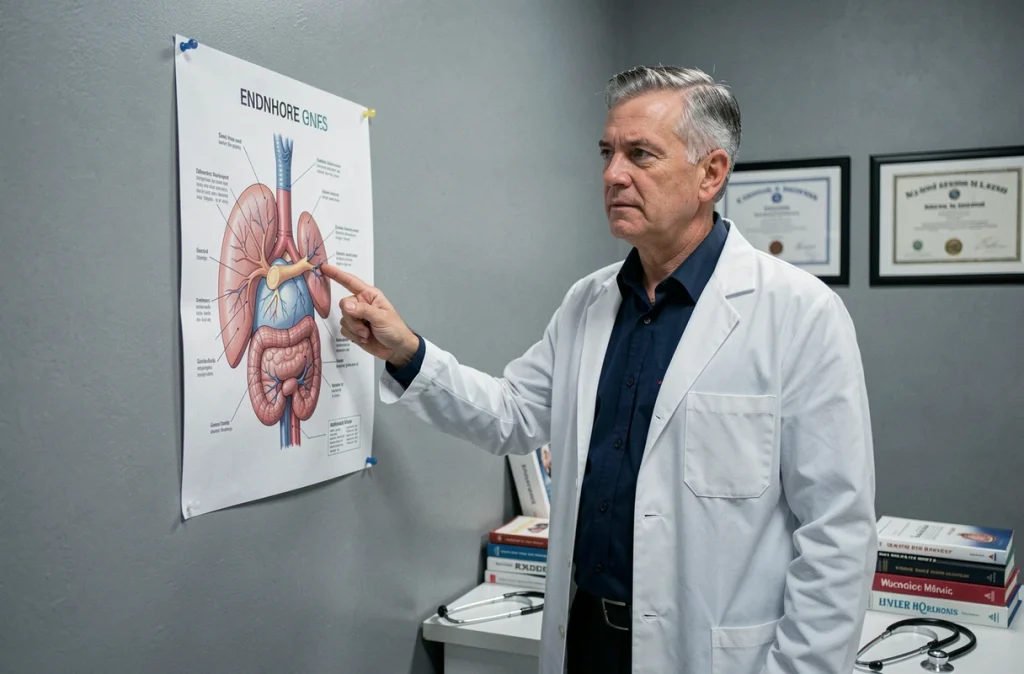 Médecin endocrinologue en cabinet médical pointant un schéma du système hormonal humain sur un mur gris
