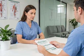 Médecin généraliste expliquant un programme de prévention des maladies chroniques à une patiente dans un cabinet médical moderne