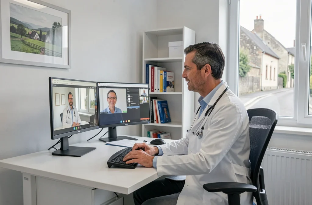 Un médecin généraliste en blouse blanche effectuant une téléconsultation depuis un cabinet médical rural face à deux écrans