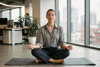 Femme pratiquant la méditation sur un tapis de yoga dans un coin calme d'un bureau en open space moderne