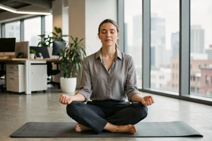 Femme pratiquant la méditation sur un tapis de yoga dans un coin calme d'un bureau en open space moderne