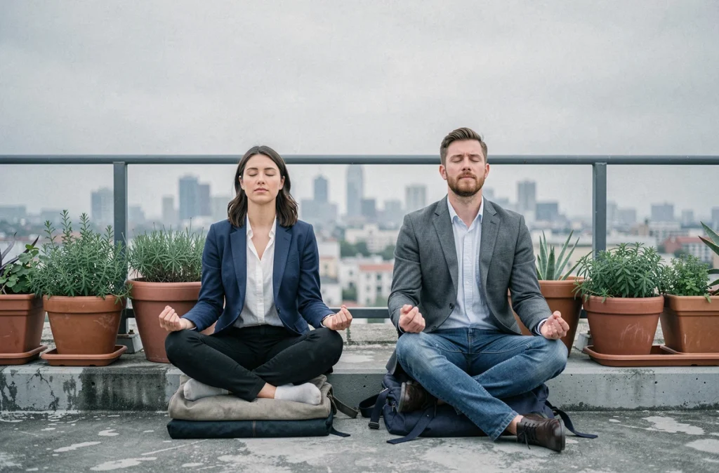 Deux collègues pratiquant une pause méditation en plein air sur une terrasse de bureau en ville