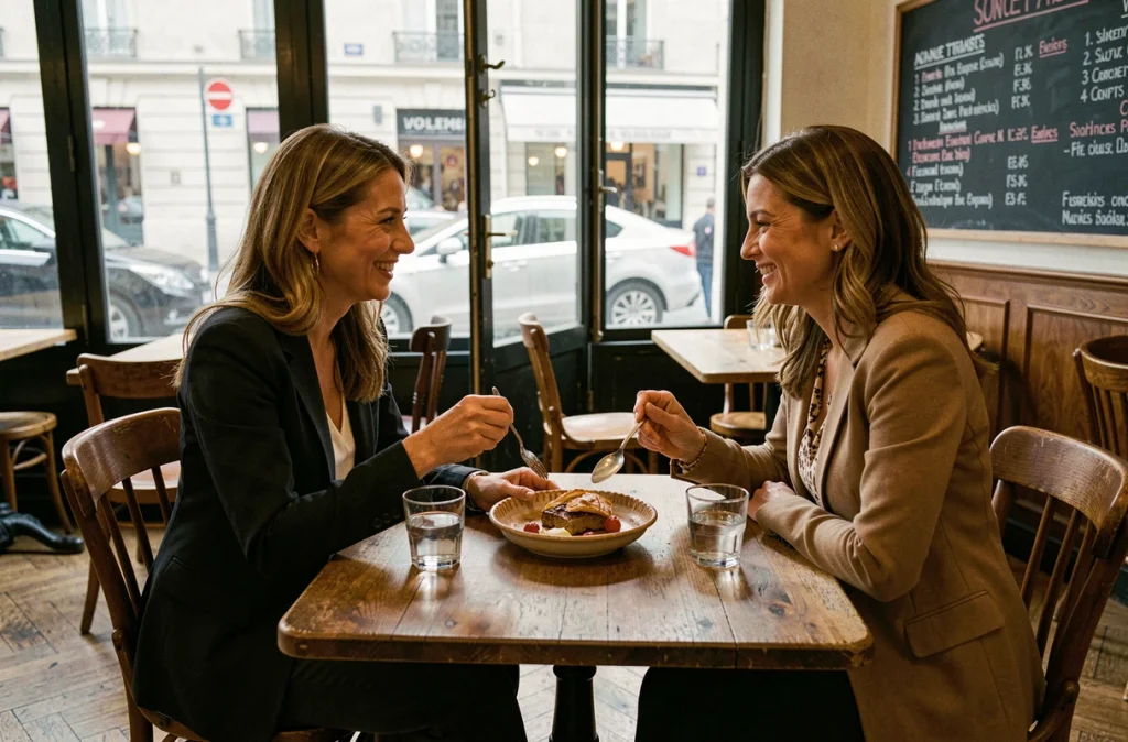 Deux femmes partageant un dessert en petite portion au restaurant pour savourer sans excès