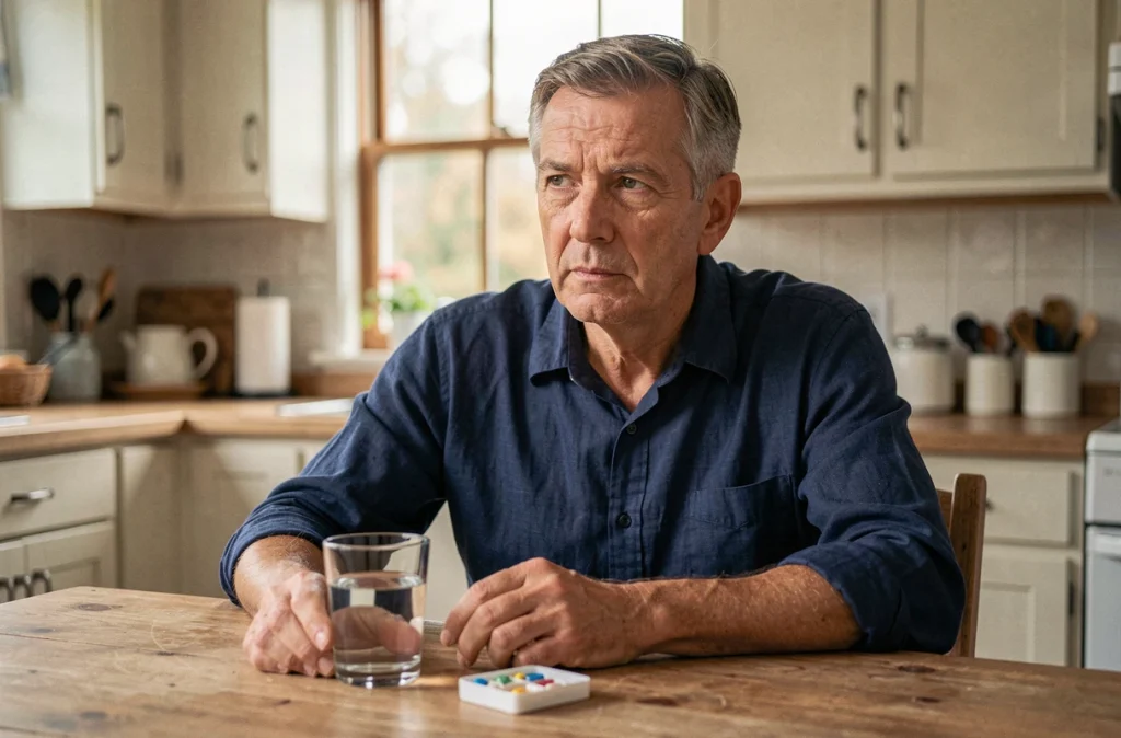 Homme atteint de la maladie de Crohn prenant son traitement médical quotidien à domicile, exprimant la fatigue chronique liée à la maladie digestive