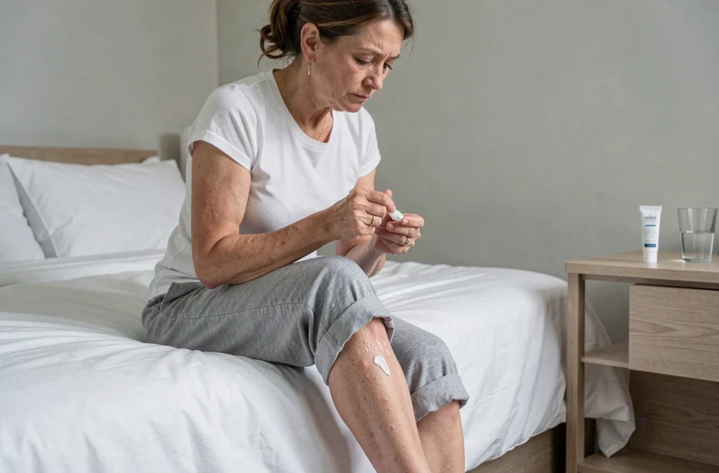 Femme appliquant une crème sur des plaques de psoriasis sur sa jambe assise au bord de son lit, illustrant le quotidien difficile des patients atteints de psoriasis