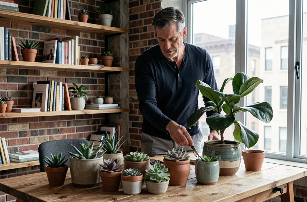 Homme s'occupant de plantes succulentes dans un bureau à domicile pour illustrer l'effet apaisant des plantes sur la concentration