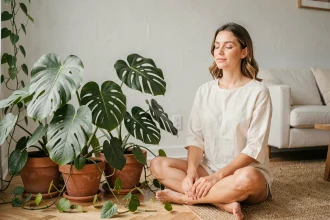 Femme sereine assise entourée de plantes d'intérieur dans un salon minimaliste pour illustrer le bien-être mental