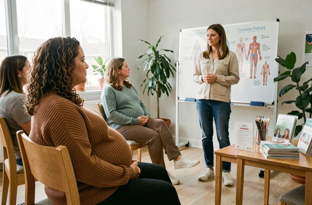 Séance de préparation à l'accouchement en groupe animée par une sage-femme certifiée