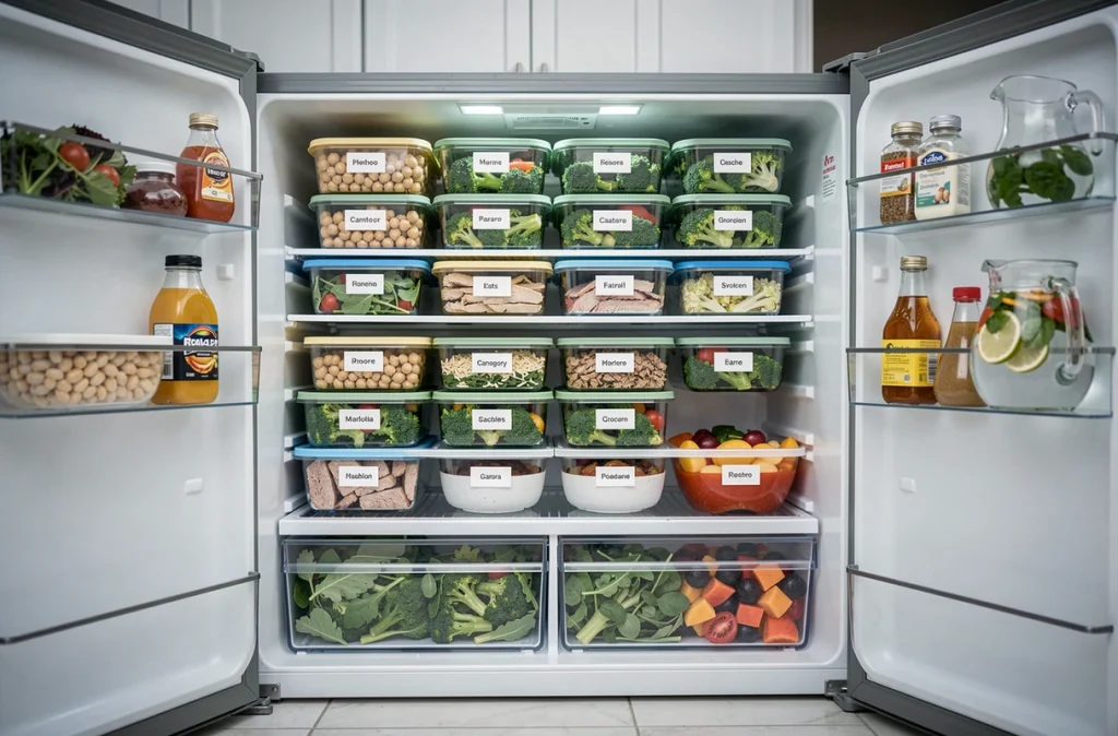 Réfrigérateur organisé avec des repas batch cooking équilibrés et étiquetés pour la semaine minceur