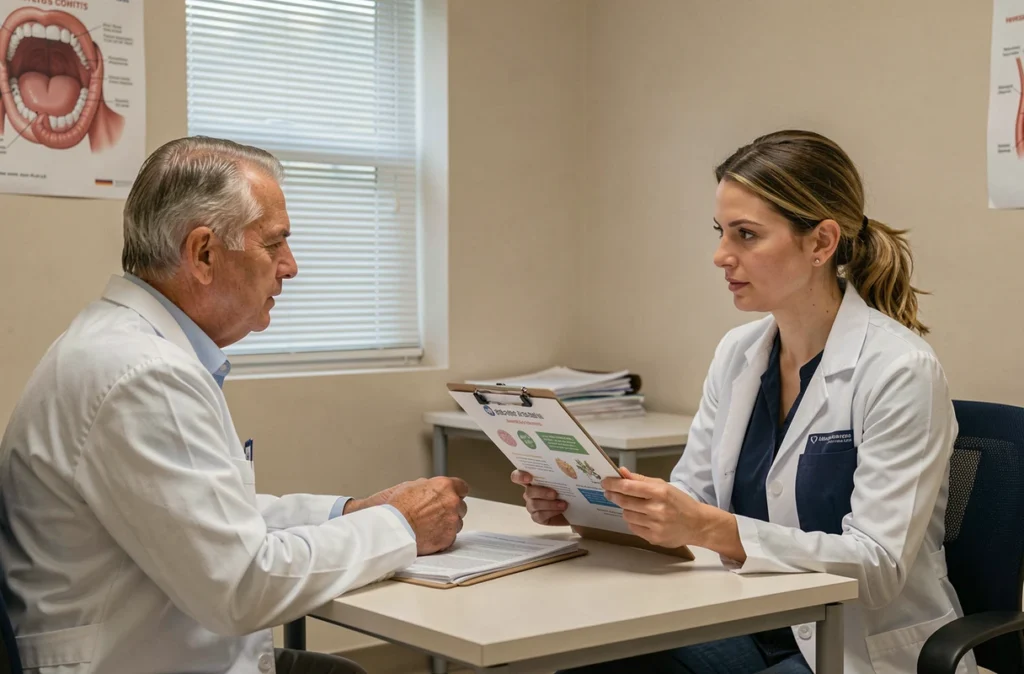 Patient en séance de réhabilitation nutritionnelle avec orthophoniste après radiothérapie tête et cou