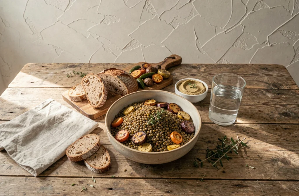 Repas équilibré à faible indice glycémique composé de lentilles, légumes rôtis et pain complet sur une table en bois