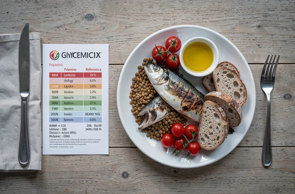 Vue aérienne d'un repas équilibré au restaurant avec un tableau de l'index glycémique des aliments imprimé