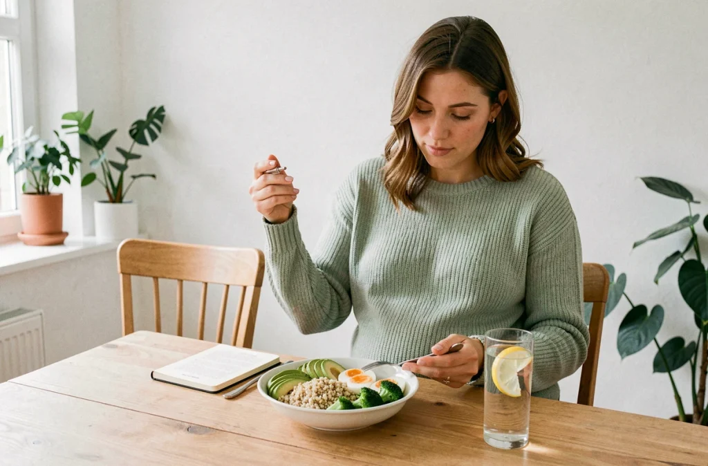 Femme enceinte attablée devant un repas nutritif équilibré comprenant œufs, avocat et légumes verts dans un intérieur scandinave