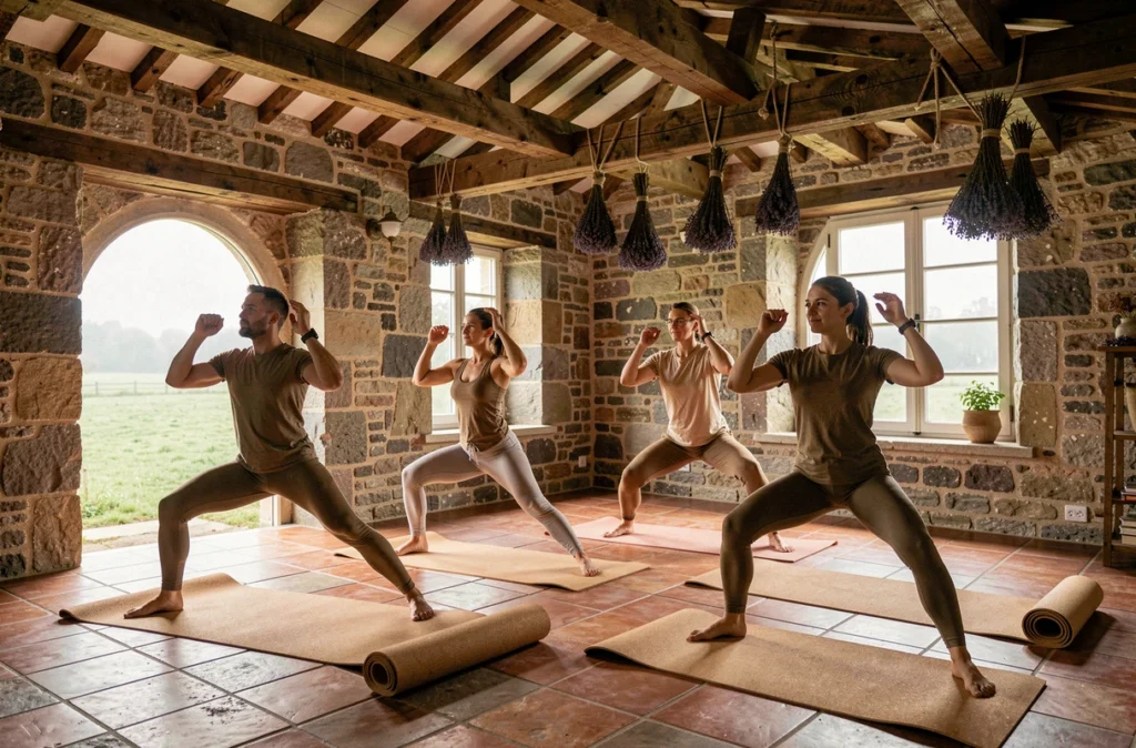 Groupe de participants pratiquant le yoga dans une ferme en pierre bretonne rénovée lors d'une retraite de yoga en Bretagne
