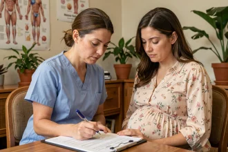 Sage-femme et femme enceinte examinant des documents prénataux lors d'une consultation en cabinet