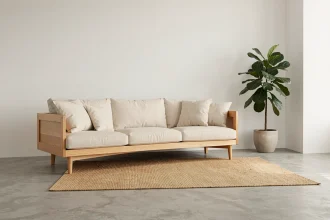 Salon minimaliste épuré avec canapé en lin crème, plante verte et sol en béton pour un espace apaisant