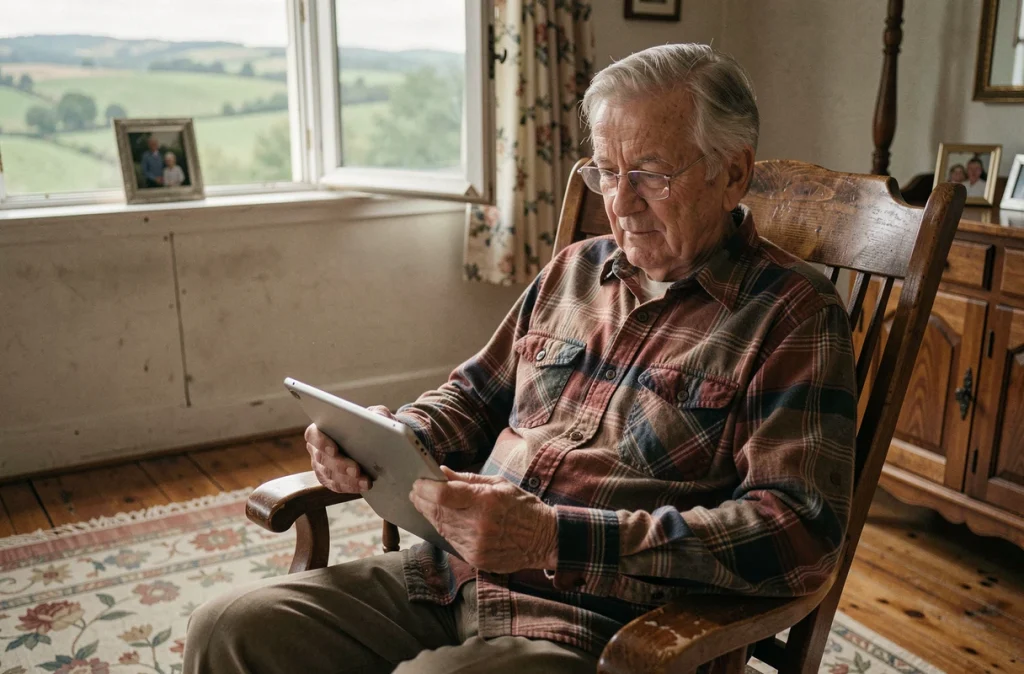 Un homme âgé en milieu rural consultant un médecin à distance via une tablette numérique dans son salon traditionnel