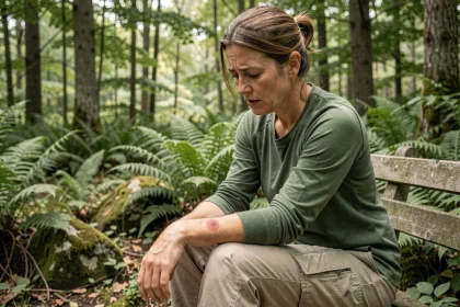 Femme examinant une rougeur circulaire sur son avant-bras en forêt, signe précoce possible de la maladie de Lyme