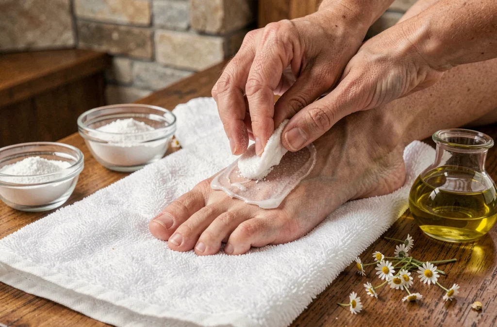 Application d'un mélange naturel de bicarbonate et d'huile de coco sur les ongles des pieds
