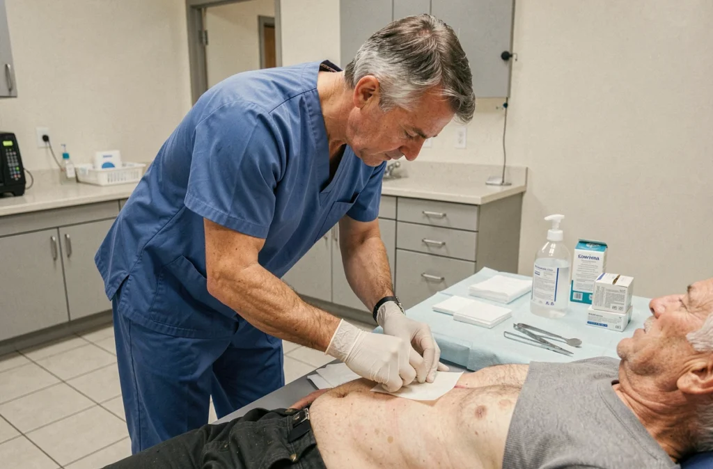 Chirurgien effectuant un soin de plaie post-opératoire sur un patient âgé en consultation médicale