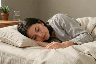 Femme de 35 ans dormant paisiblement dans une chambre cosy, illustrant le lien entre qualité du sommeil et gestion du poids