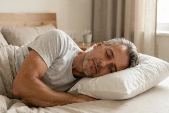 Homme de 45 ans dormant paisiblement dans une chambre minimaliste, illustrant l'importance du sommeil pour la santé cardiovasculaire