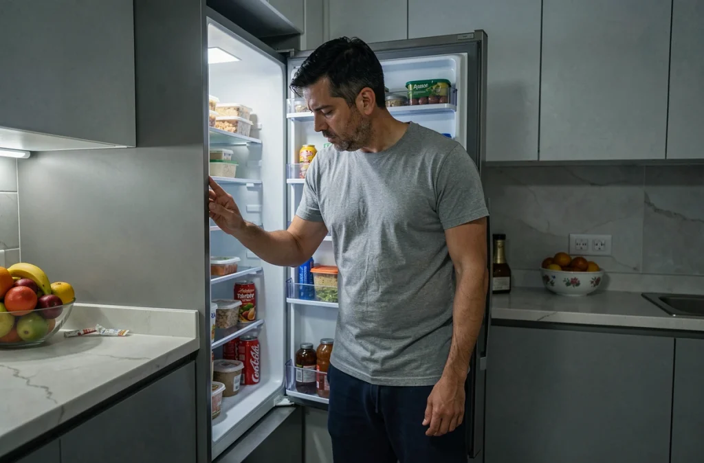 Homme qui mange sous le stress la nuit devant le réfrigérateur ouvert, lien entre stress et comportement alimentaire