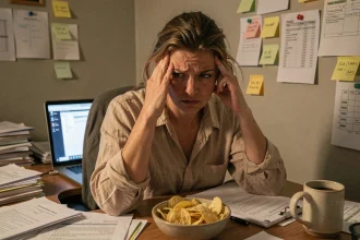 Femme stressée au bureau avec une collation sucrée, illustrant les effets du stress sur la prise de poids