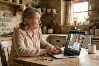 Une femme d'âge mûr en milieu rural participant à une téléconsultation médicale sur un ordinateur portable dans une cuisine en pierre