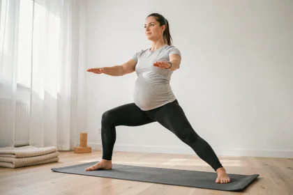 Femme enceinte pratiquant le yoga prénatal en position guerrière sur un tapis dans un studio à domicile lumineux